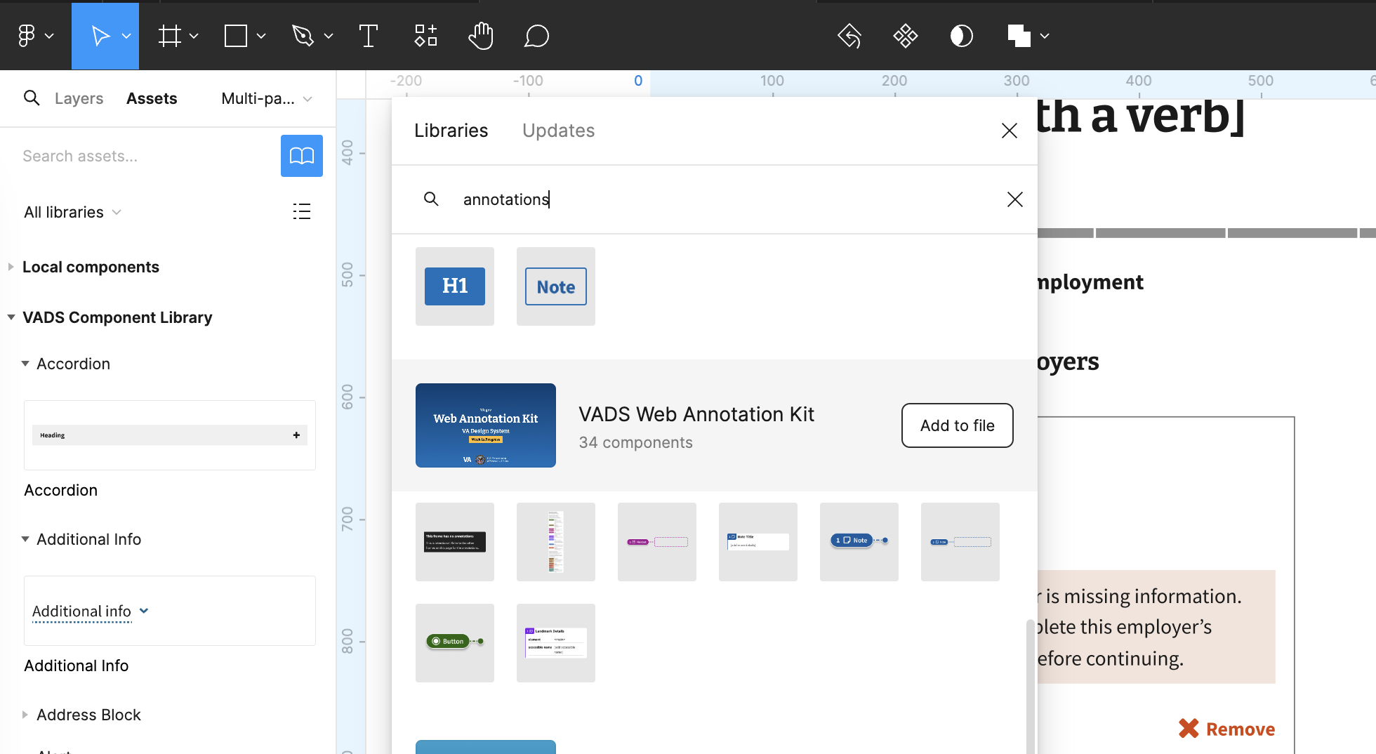 Figma interface for adding a library.