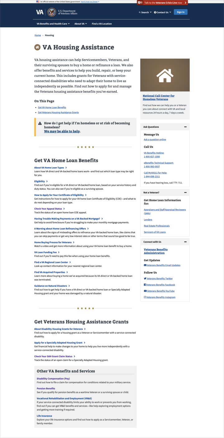 Image of va.gov housing assistance hub page