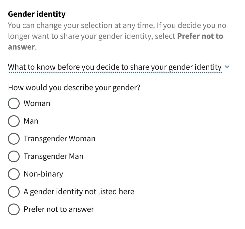 Asking for gender in the VA.gov Profile.