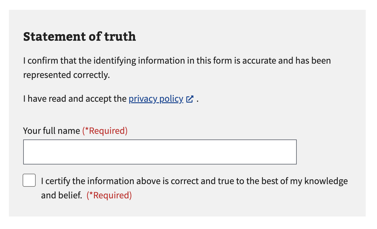 Example of the statement of truth signature pattern.