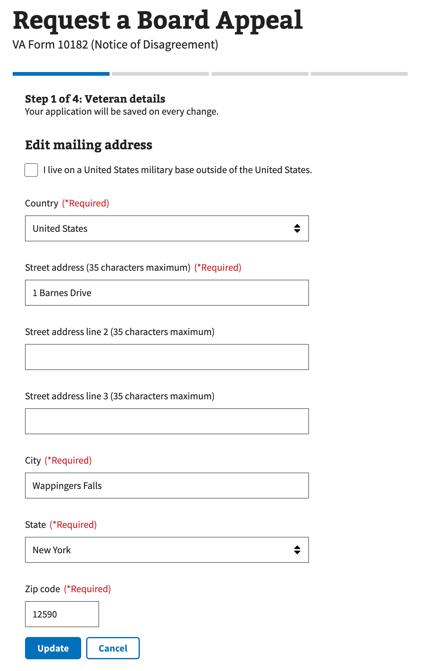 Edit mailing address form from the Request a Board Appeal application.