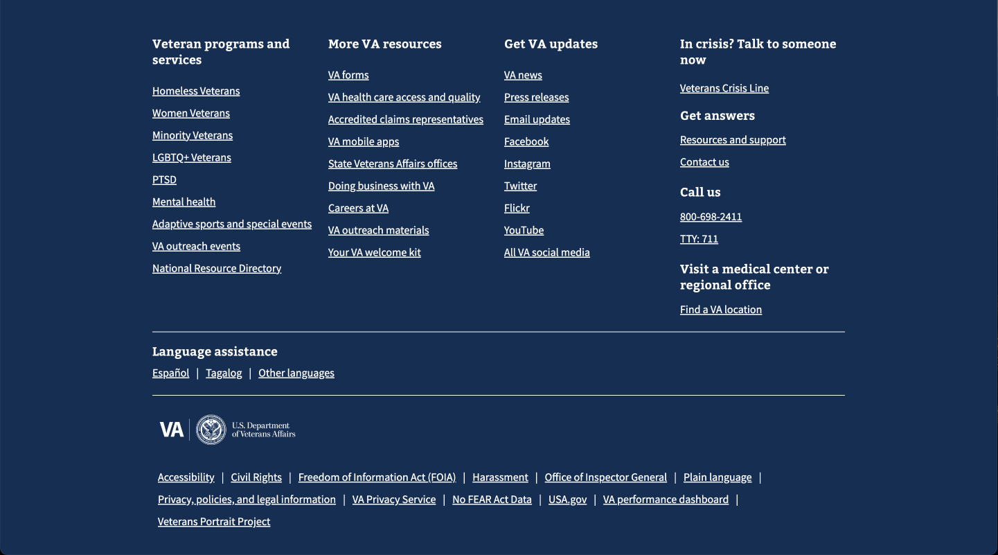 The VA.gov footer at desktop viewport width.