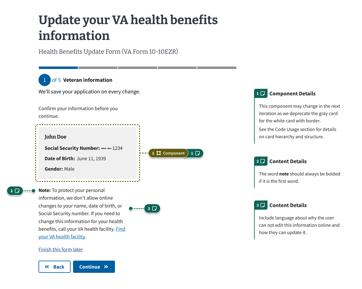 A Veteran information page in a form flow with an uneditable card containing the Veteran's name, privacy masked Social Security number, date of birth, and gender. Below the card is a note explaining why the content can't be edited in the form and how to update this information. An annotation states that the gray card might be replaced in future iterations of the pattern.