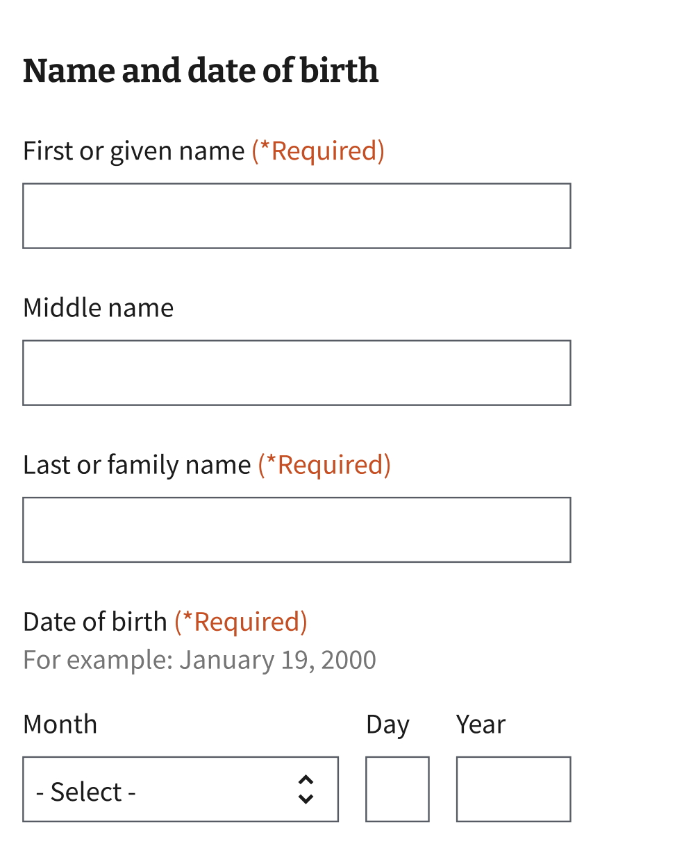 Shows the form fields used to obtain first, middle, and last name.