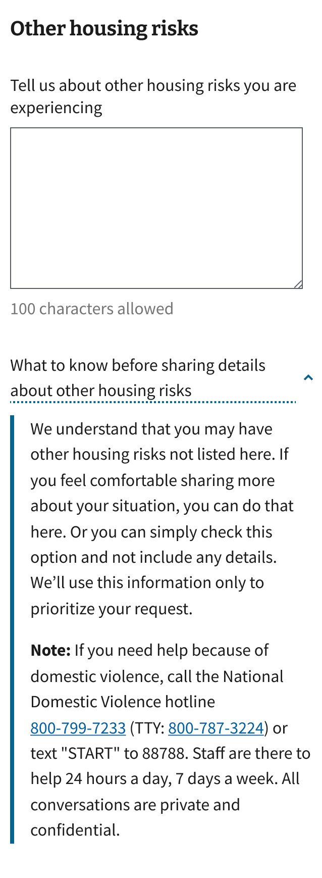 An example of asking users for other housing risks.