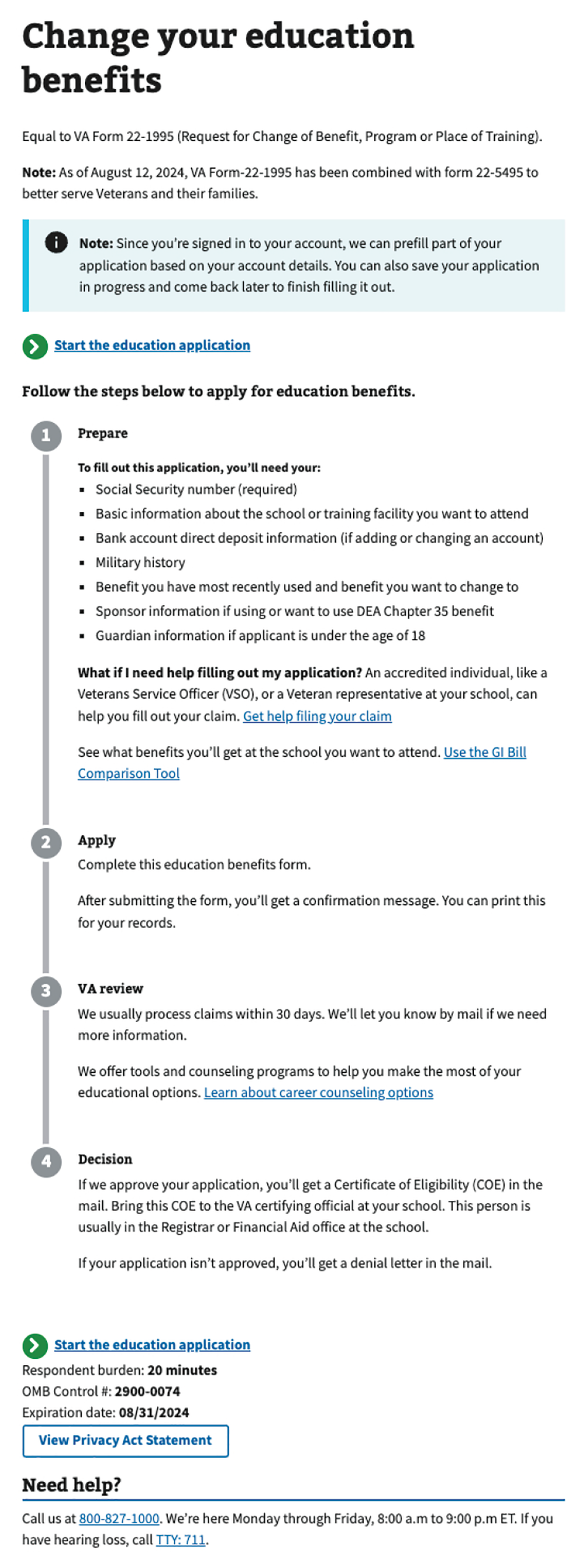 An example of the process list component on an Education benefits application.