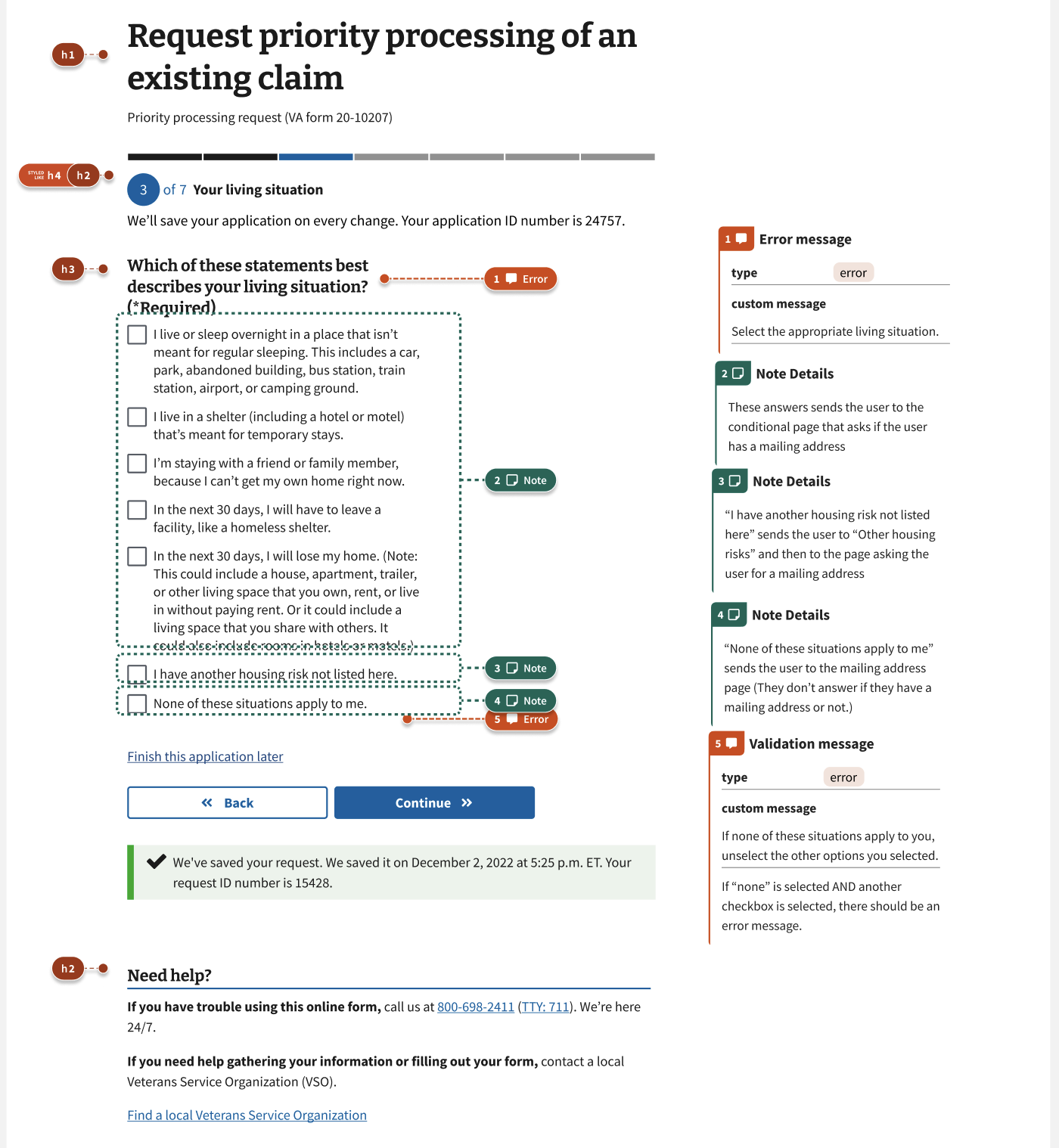 An annotated example of asking users for their housing status.