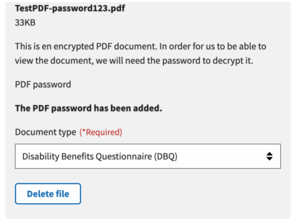 The review state of file upload with an option of providing a password to a file.