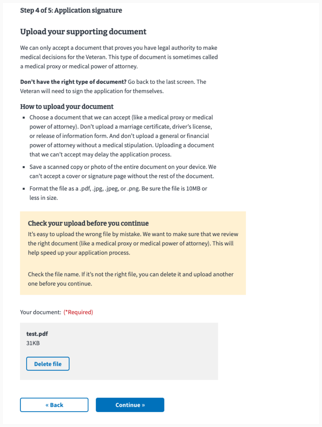 File upload review in the 10-10CG form.