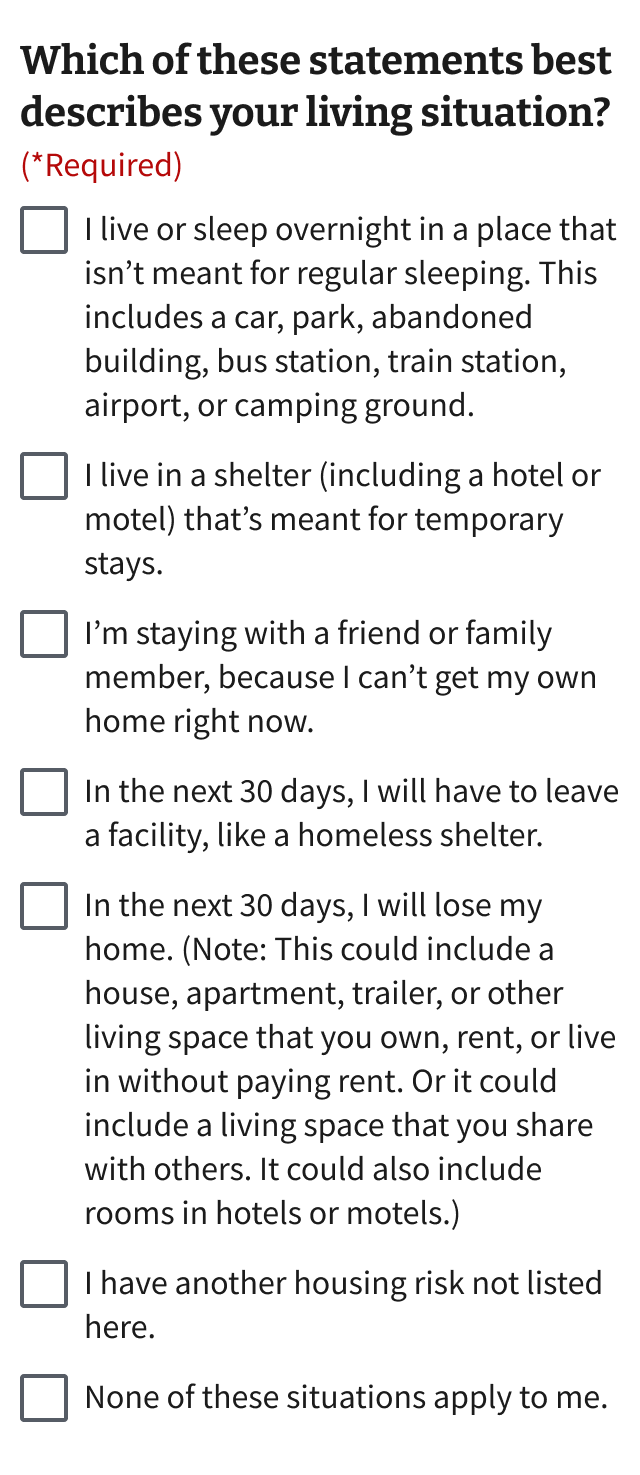 An example of asking users for their housing status in a mobile viewport.