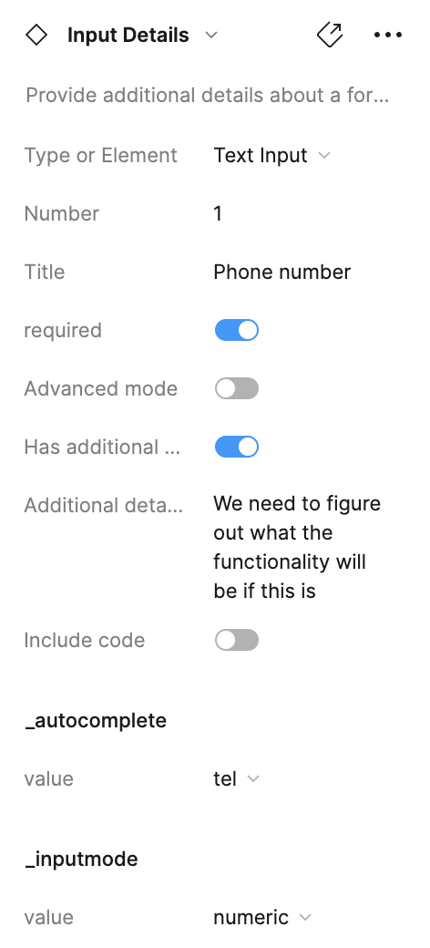 Example of an input details panel.