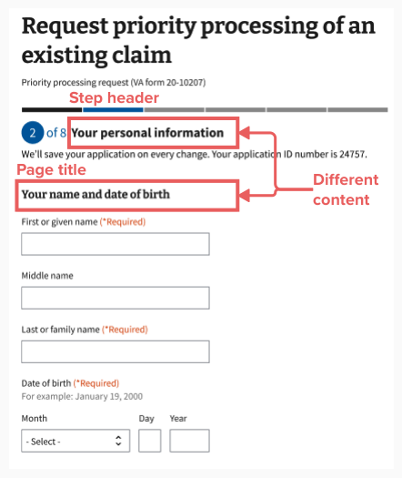 Screenshot of form page distinguishing that the step header and page title should have different content.