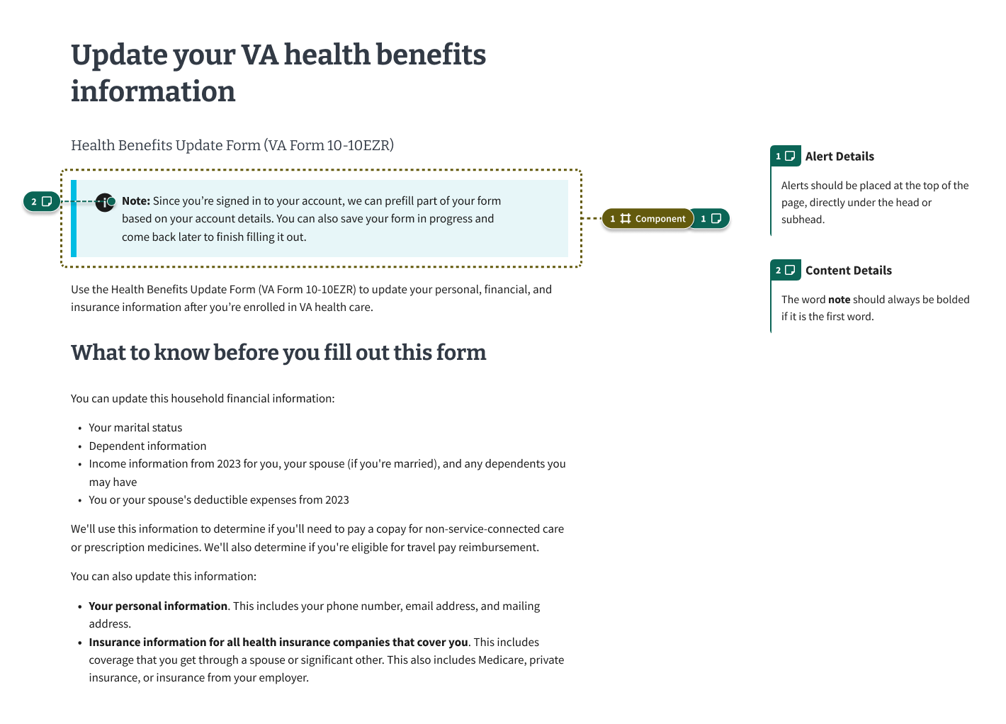 A form introduction page viewed by an authenticated user with an alert that the form will fill parts of their application based on the their account details. Annotations state that alerts should be placed at the top of the page and the word 'note' in the alert should be bolded.