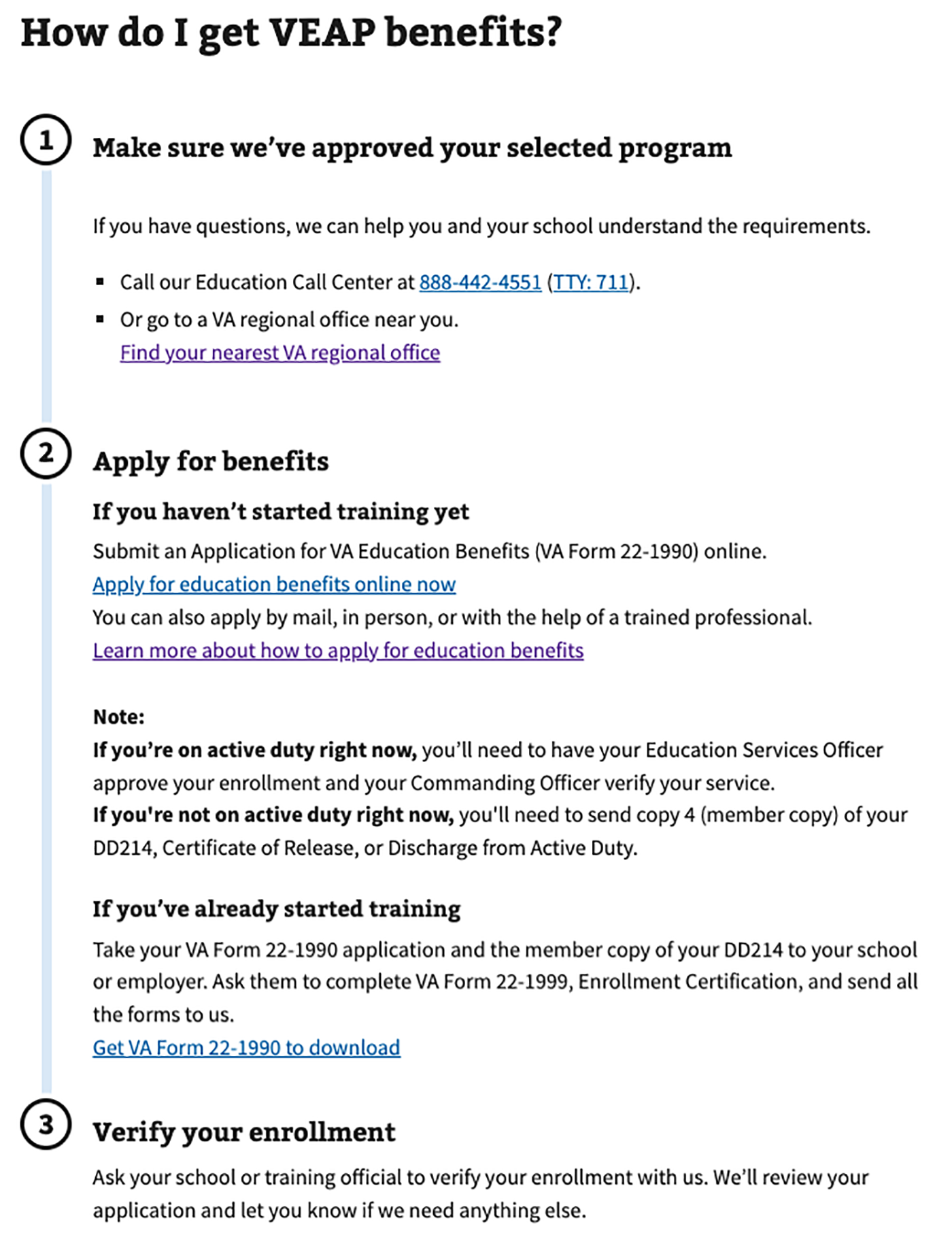 An example of the process list component on an Education benefits application.