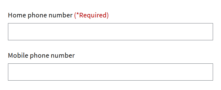 Shows the form fields used to obtain home phone number and mobile phone number.