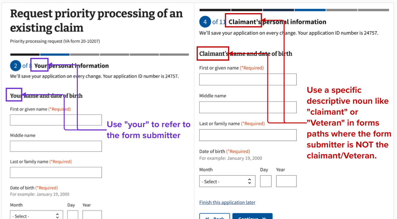 Screenshot side-by-sides of form screenshots showing how to leverage the step header and page title.