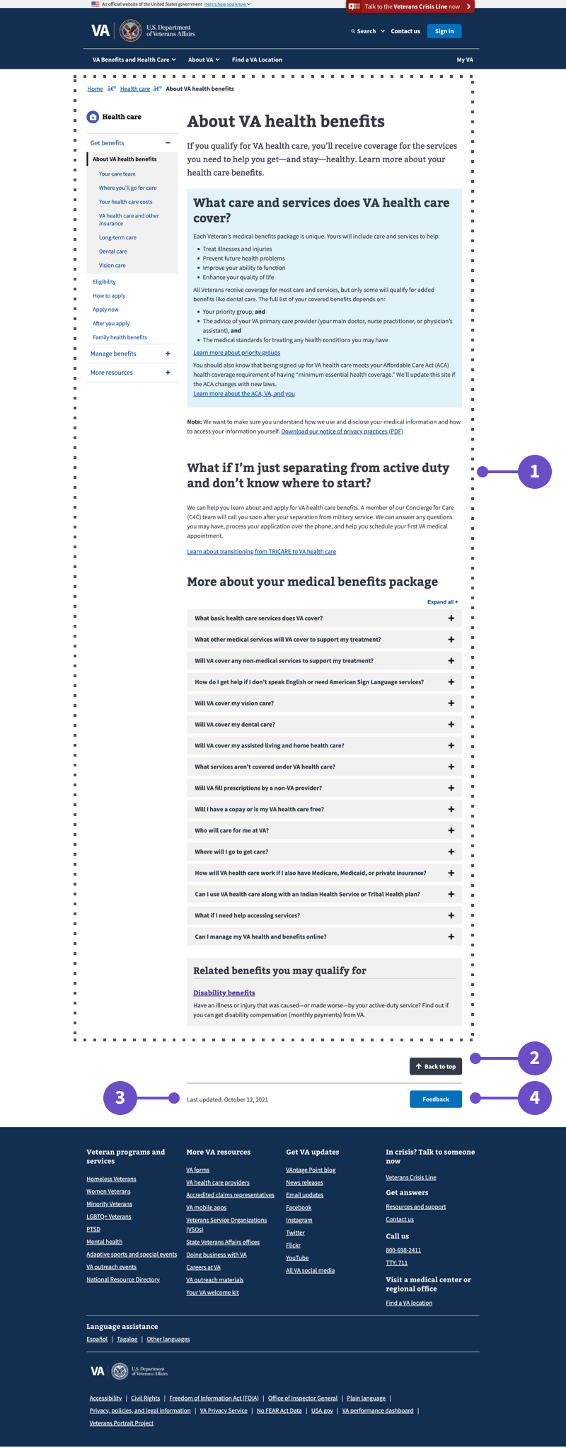 About VA health benefits page screenshot with call-outs.