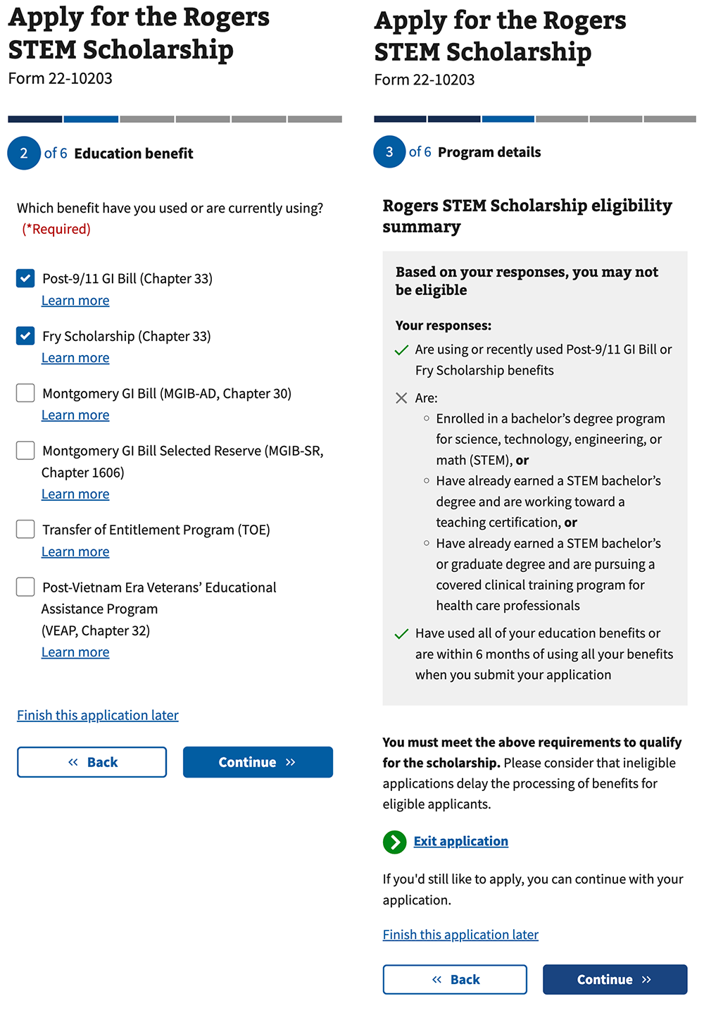 Check eligibility example from the process to apply for Rogers STEM scholarship.