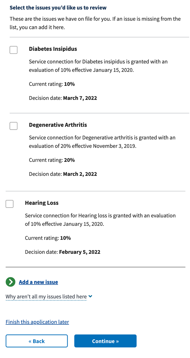 Form example allowing user to select issues from a list.