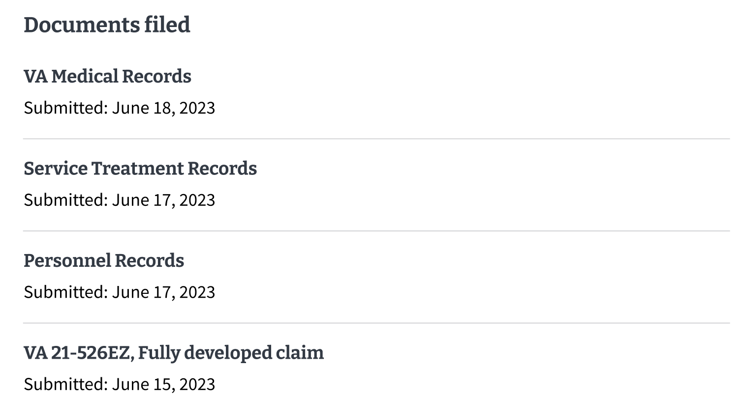 List of documents filed in VA.gov.