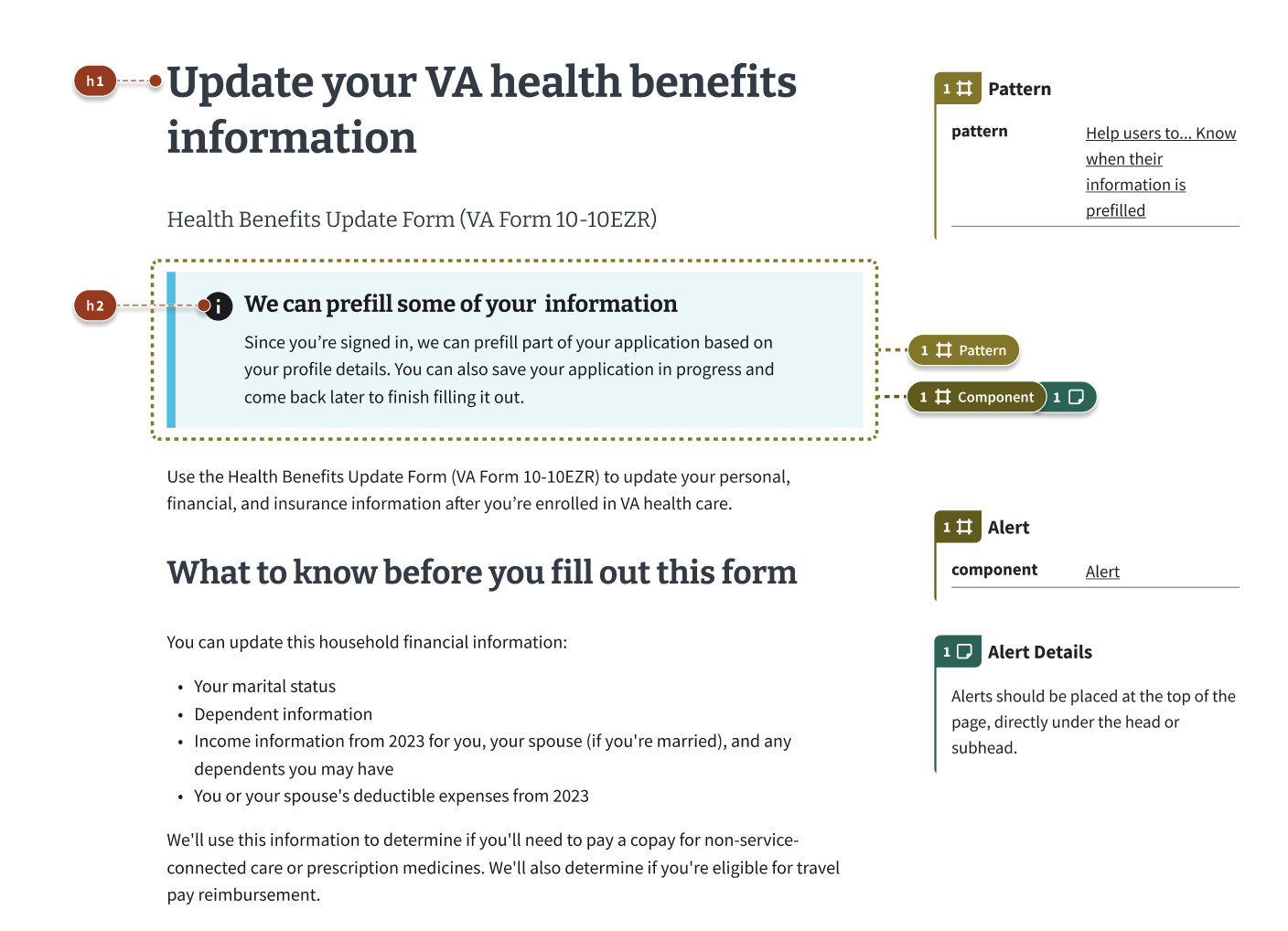 A form introduction page viewed by an authenticated user with an alert that the form will fill parts of their application based on the their account details. Annotations state that alert header is an H2, and that alerts should be placed at the top of the page and the word 'note' in the alert should be bolded.