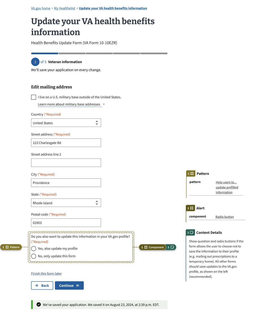 A page for users to update their mailing address. Below the address fields is a required radio button field asking, 'Do you also want to update this information in your VA.gov profile?'