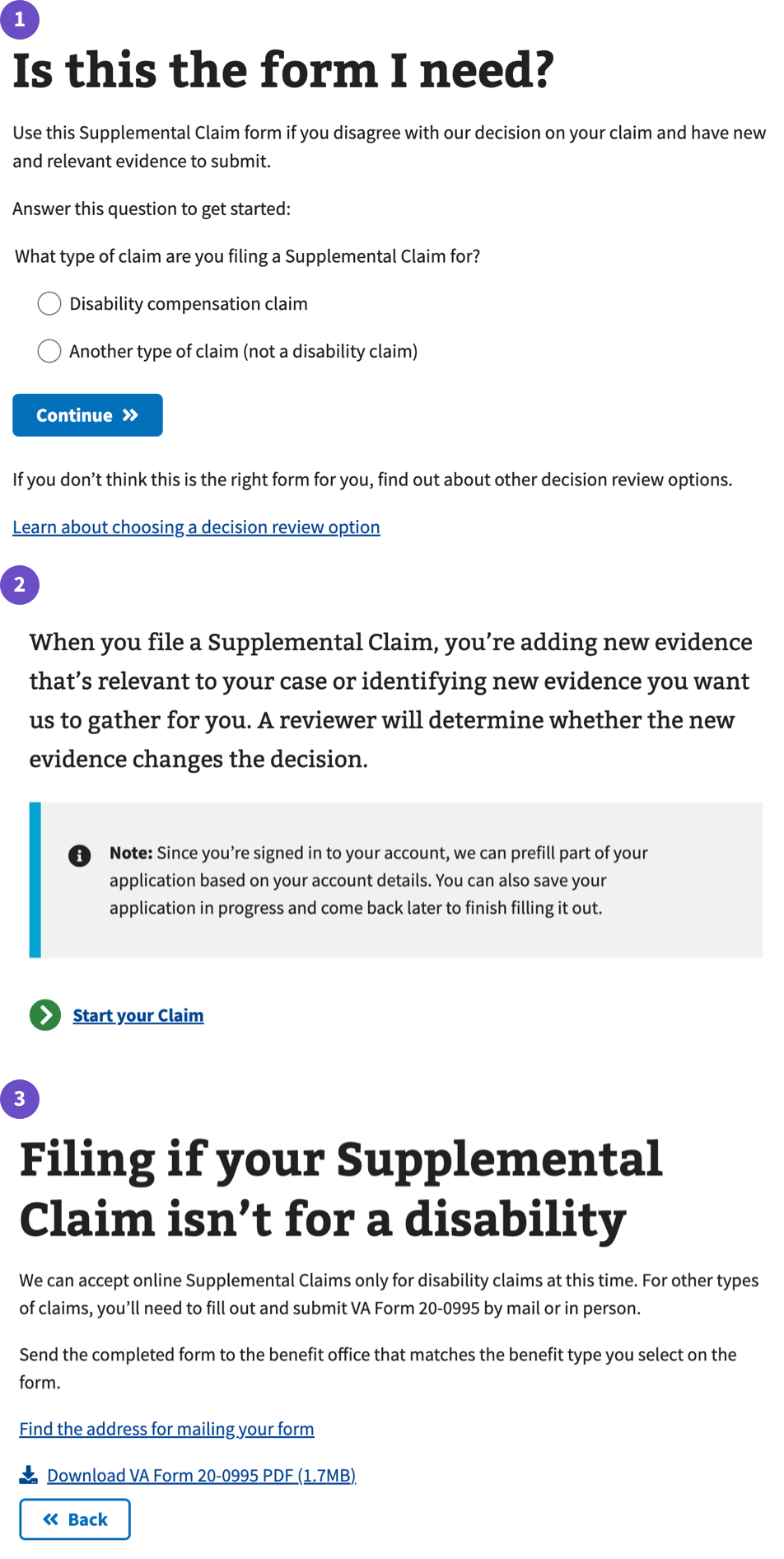 Supplemental claim sub-task example.