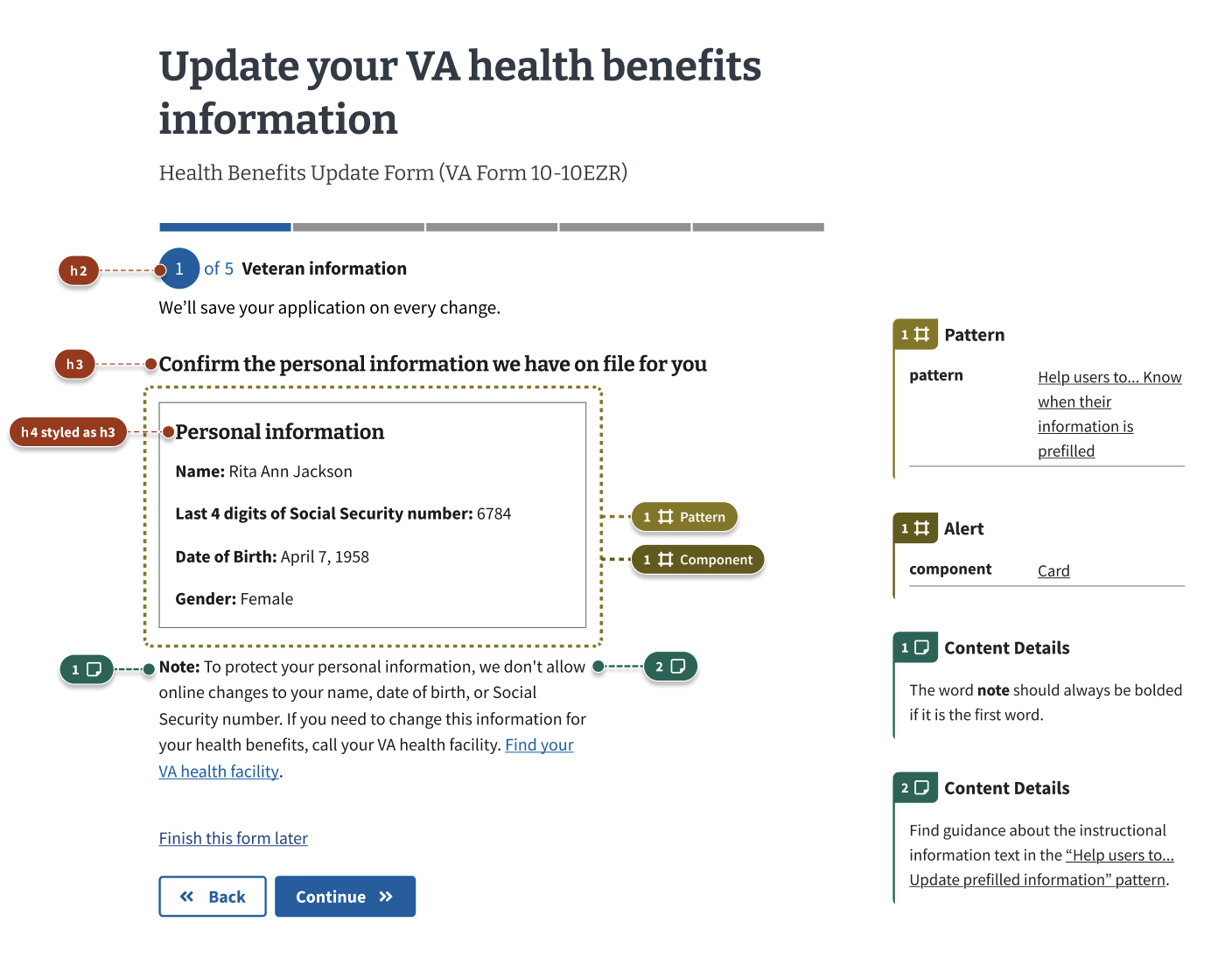 A Veteran information page in a form flow with a white card containing  Veteran's uneditable information, including name, privacy masked Social Security number, date of birth, and gender. Below the card is a note explaining why the content can't be edited in the form and how to update this information.