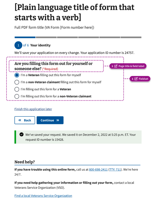 Figma annotations distinguishing a page title and field label from the fieldset for a radio button set.