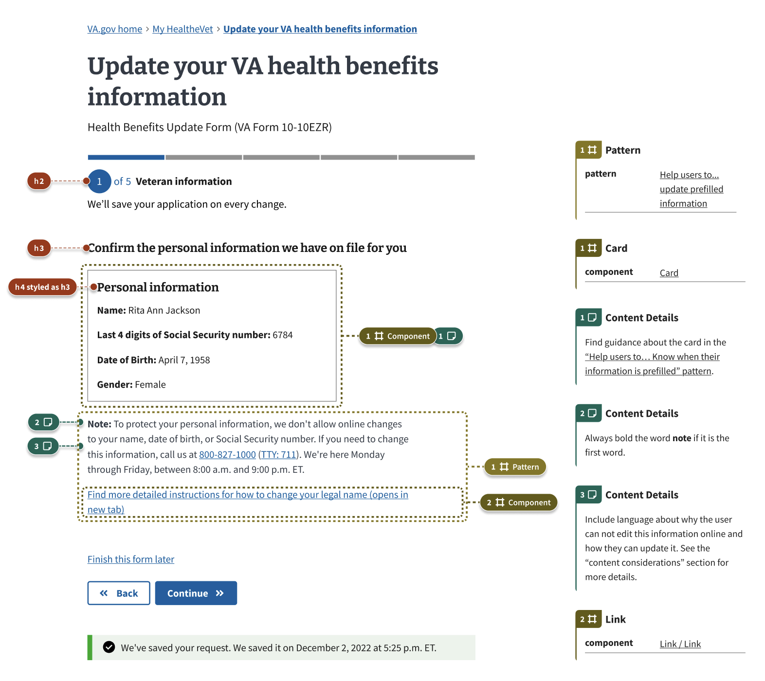 A form page asking users to confirm their personal information, such as legal name, date of birth, and Social Security number. That information is contained in a white card. Below the white card is a string of text explaining why users can't update that information online.