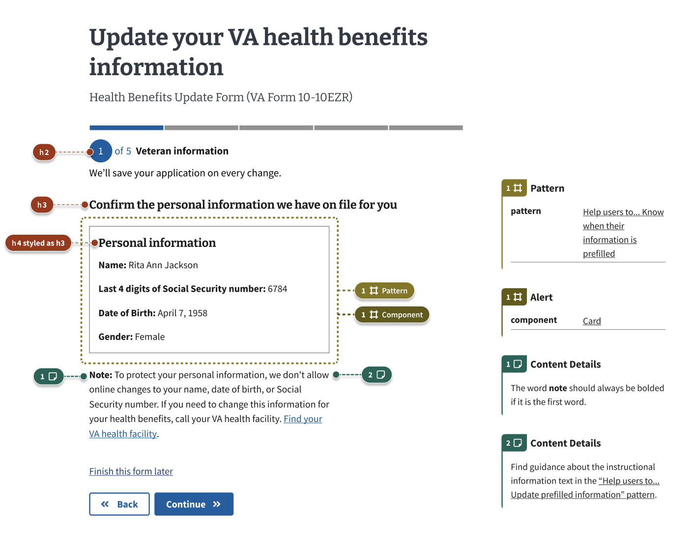 A Veteran information page in a form flow with a white card containing Veteran's uneditable information, including name, privacy masked Social Security number, date of birth, and gender. Below the card is a note explaining why the content can't be edited in the form and how to update this information.