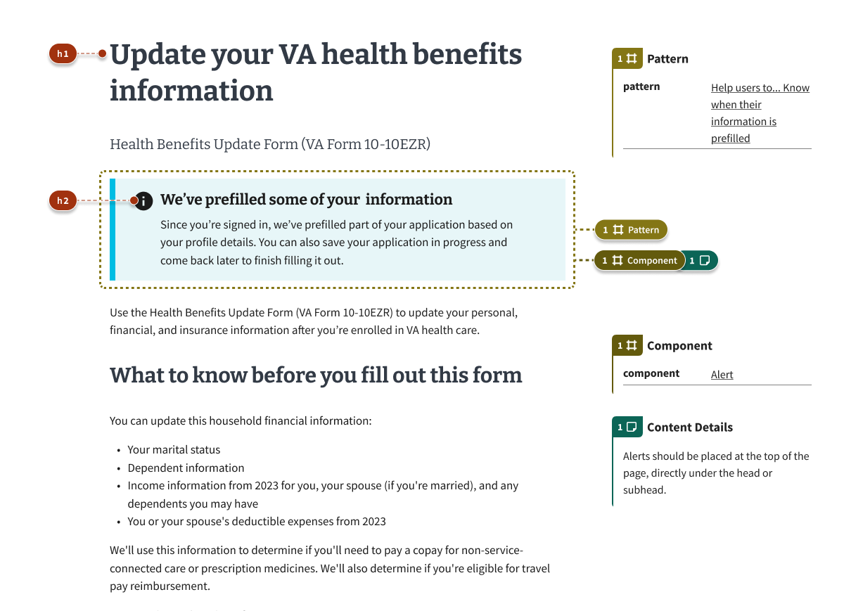 A form introduction page viewed by an authenticated user with an alert that the form will fill parts of their application based on the their account details. Annotations state that alert header is an H2, and that alerts should be placed at the top of the page and the word 'note' in the alert should be bolded.