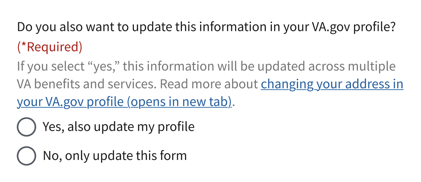 A required radio button field asking the user if they also want to update this information in their VA.gov profile.