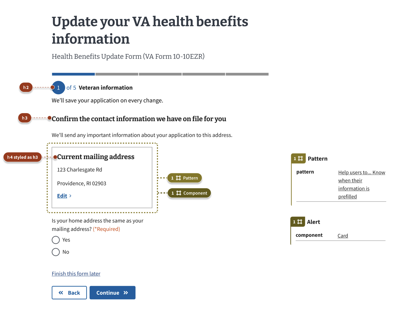 A Veteran information page in a form flow with an alert followed by a card containing the Veteran's editable mailing address. The alert states that the form has prefilled some of the Veteran's information.