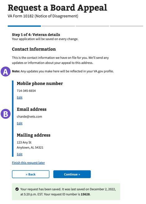 Contact information from the Request a Board Appeal application.