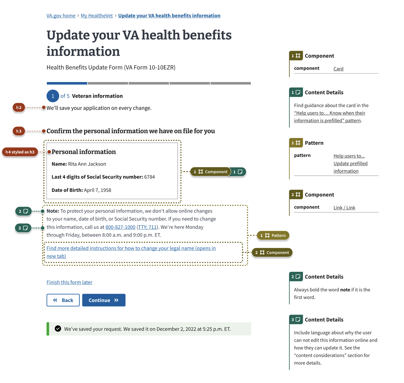 A form page asking users to confirm their personal information, such as legal name, date of birth, and Social Security number. That information is contained in a white card. Below the white card is a string of text explaining why users can't update that information online.