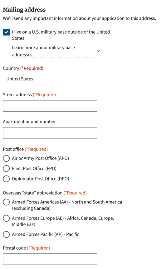 An example of a mailing address form that includes the option for a military base.