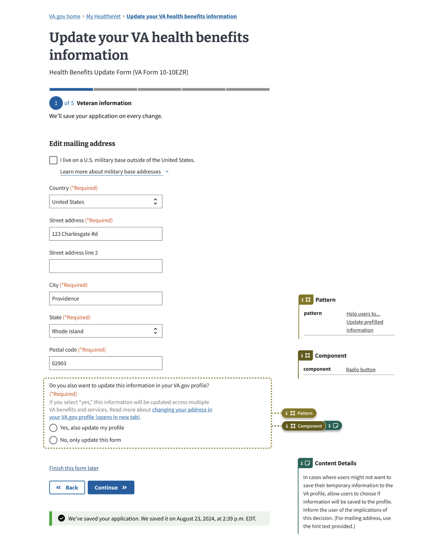 A page for users to update their mailing address. Below the address fields is a required radio button field asking, 'Do you also want to update this information in your VA.gov profile?'