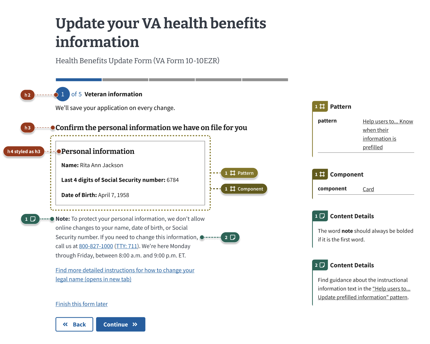 A Veteran information page in a form flow with a white card containing  Veteran's uneditable information, including name, privacy masked Social Security number, date of birth, and gender. Below the card is a note explaining why the content can't be edited in the form and how to update this information.