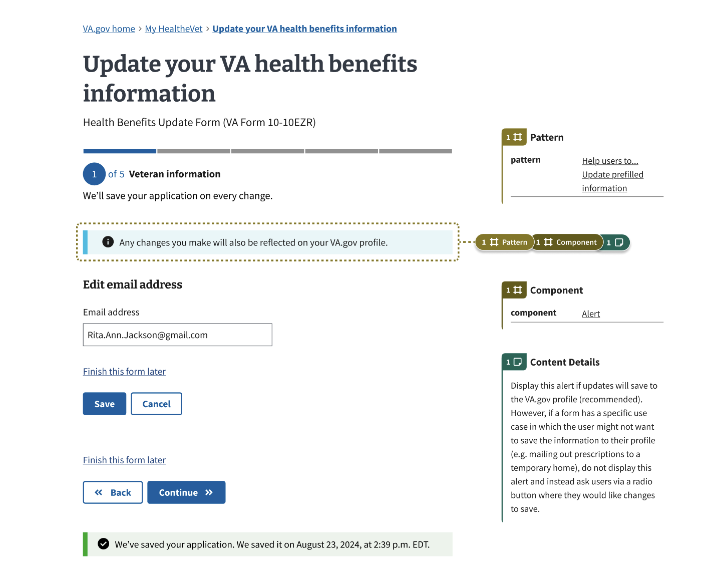 A page for users to update their mailing address. Above the fields is an informational alert stating, 'Any changes you make will also be reflected on your VA.gov profile.'