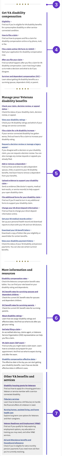 Spokes section of mobile view of VA.gov disability benefits hub page