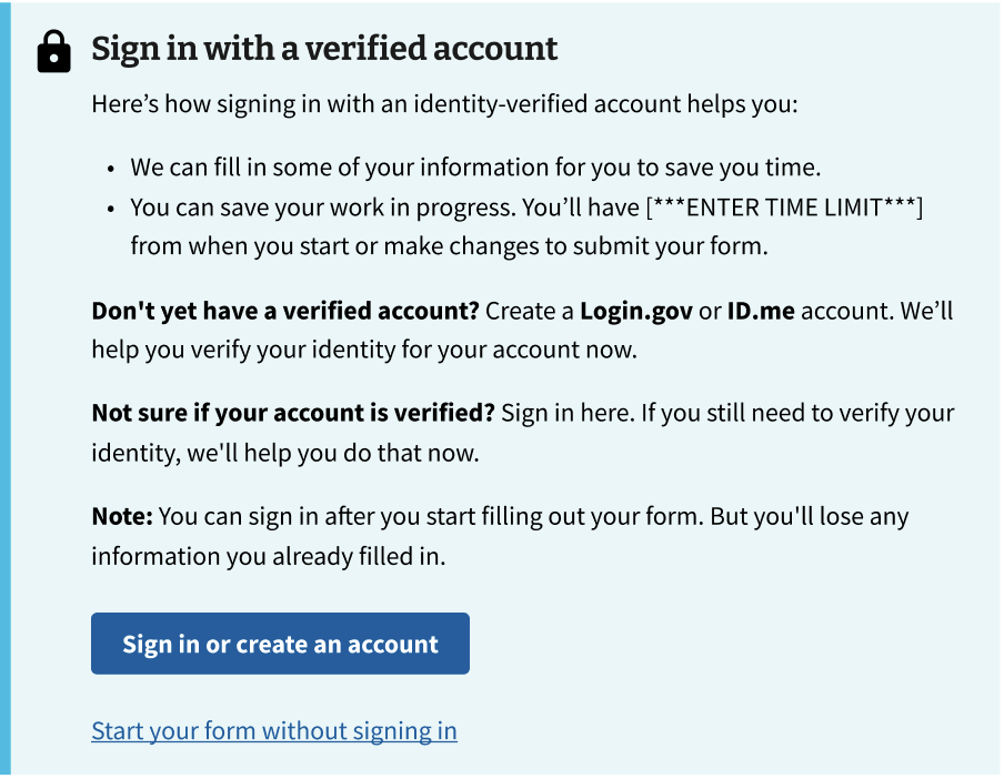 An alert encouraging users to sign in to save time and save work in progress. A note at the bottom shares that applicants can sign in after they start their application, but will lose any information already filled in.