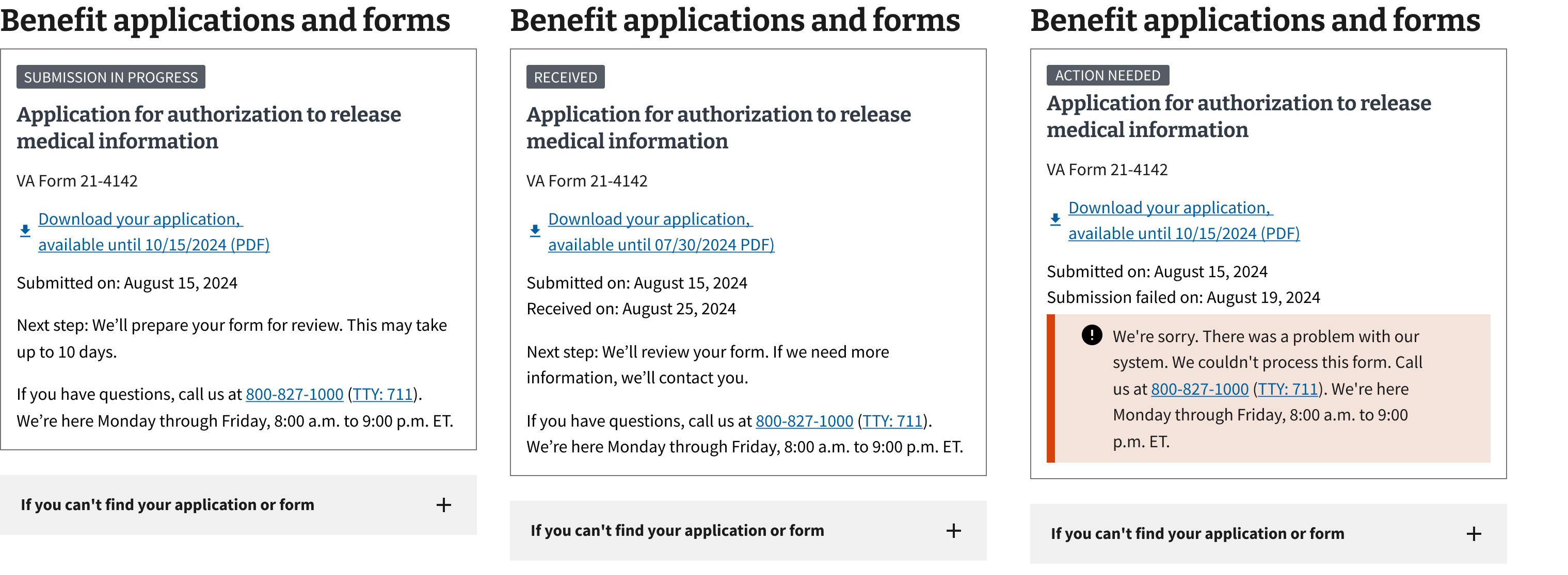 Screen shots of 3 My VA status cards.