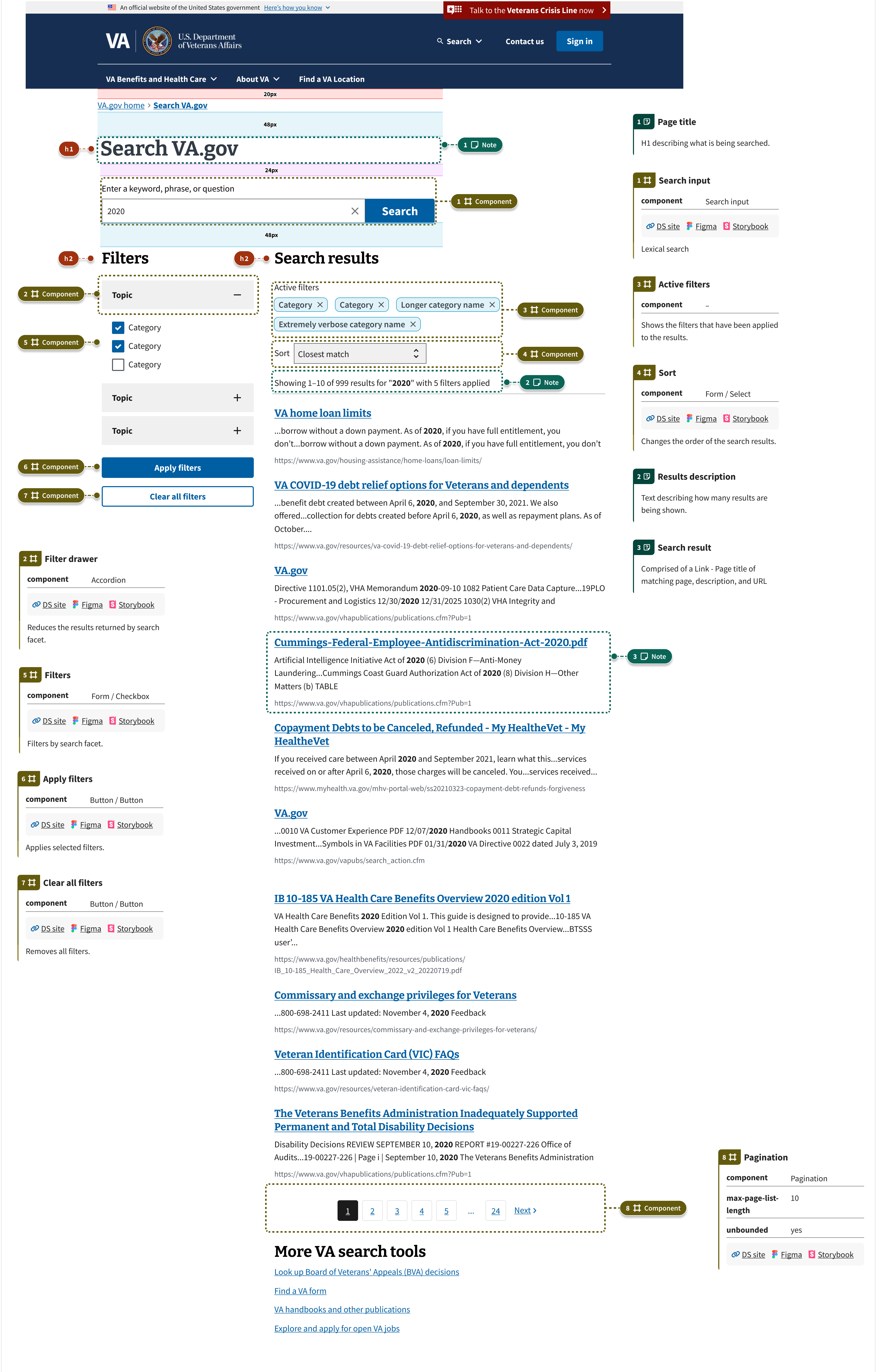 An example of a search results page showing filtering and sorting in a desktop width viewport.