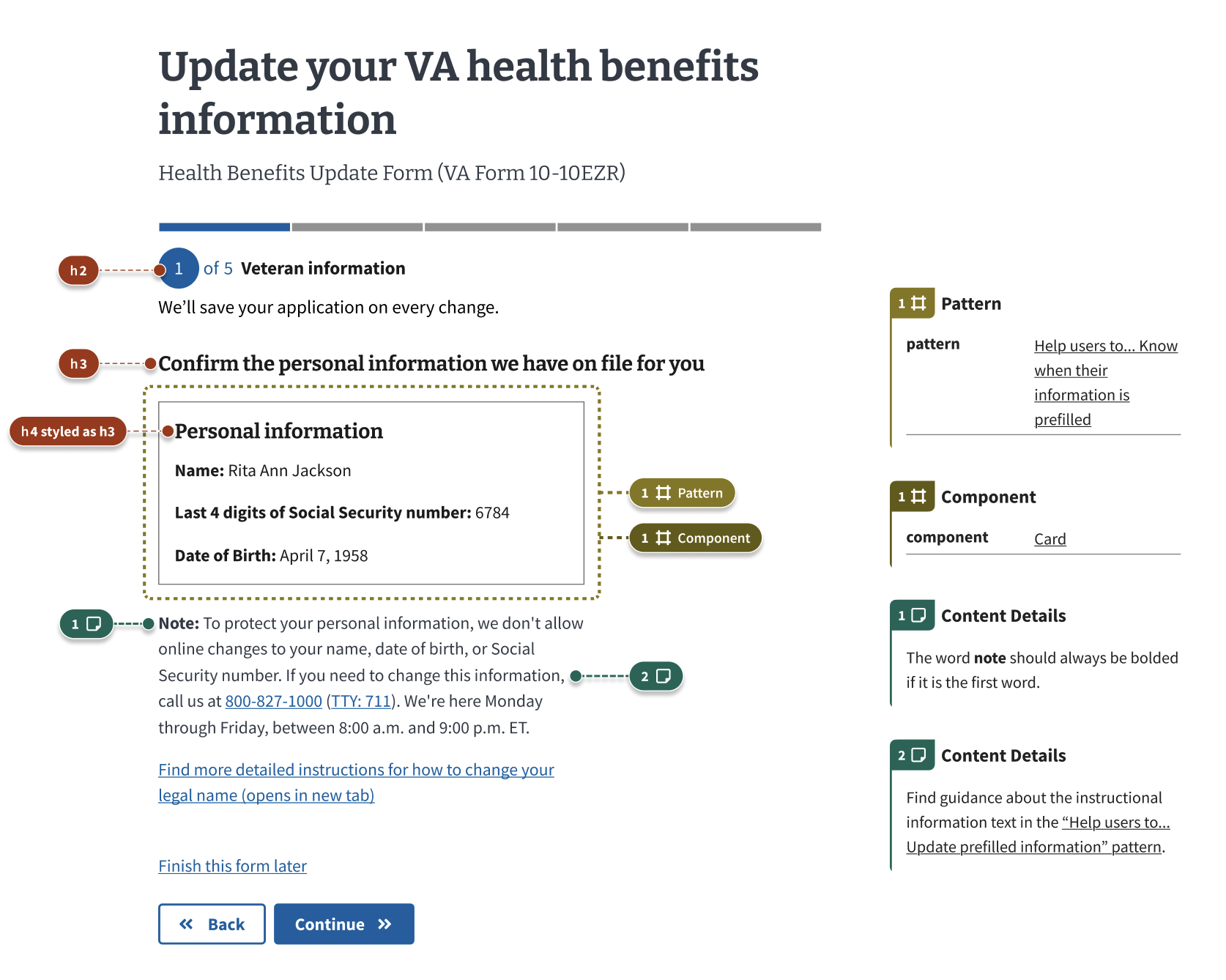 A Veteran information page in a form flow with a white card containing Veteran's uneditable information, including name, privacy masked Social Security number, date of birth, and gender. Below the card is a note explaining why the content can't be edited in the form and how to update this information.