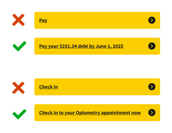 Two examples of how much detail to add. For example, don’t say simply “Pay” or “Check in.” Rather, say “Pay your debt of $251.42” or “Check in to your Optometry appointment now.”