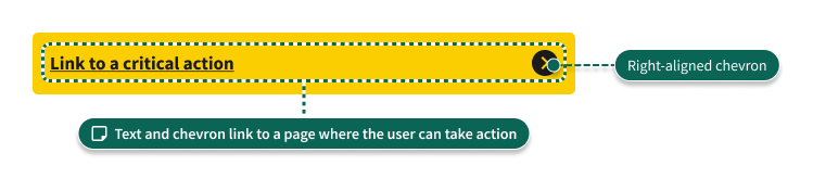 An annotated display of the Critical Action component, showing a yellow background and black text. The text and chevron link to a page where the user can take action.