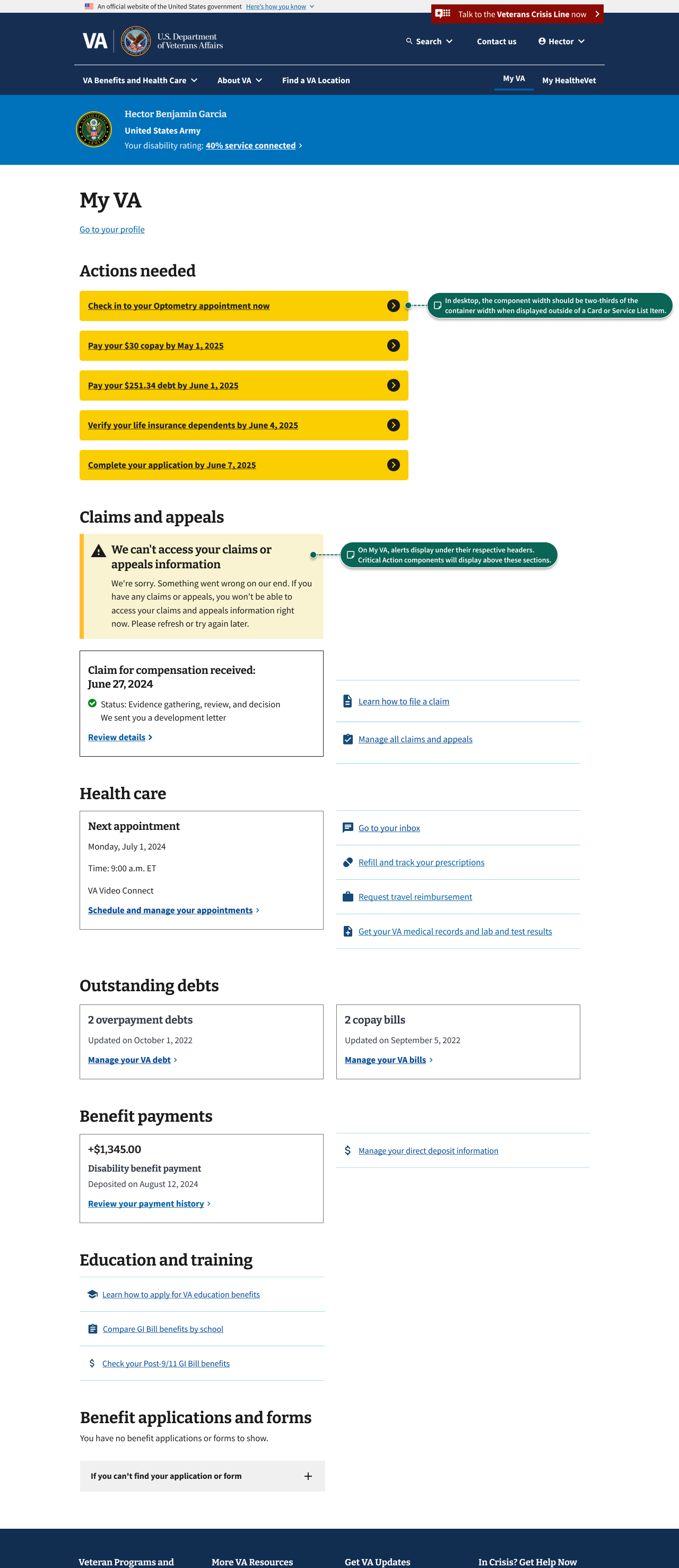 My VA, with five yellow Critical Action components stacked at the top of the page under a header that says “Actions needed.”