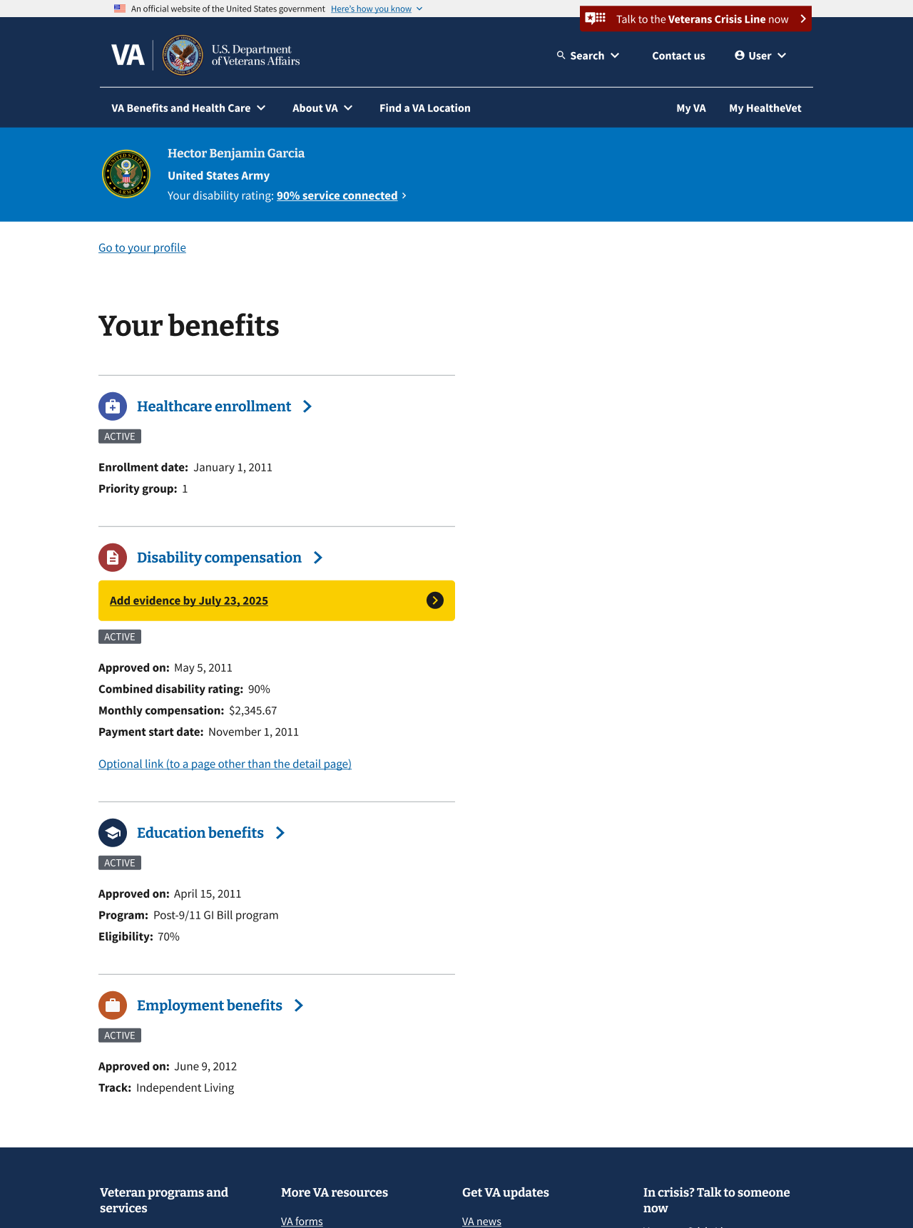 A list of benefits a Veteran is currently enrolled in. Two of the benefits have Critical Action components shown, linking the user to a page where they can take important actions.