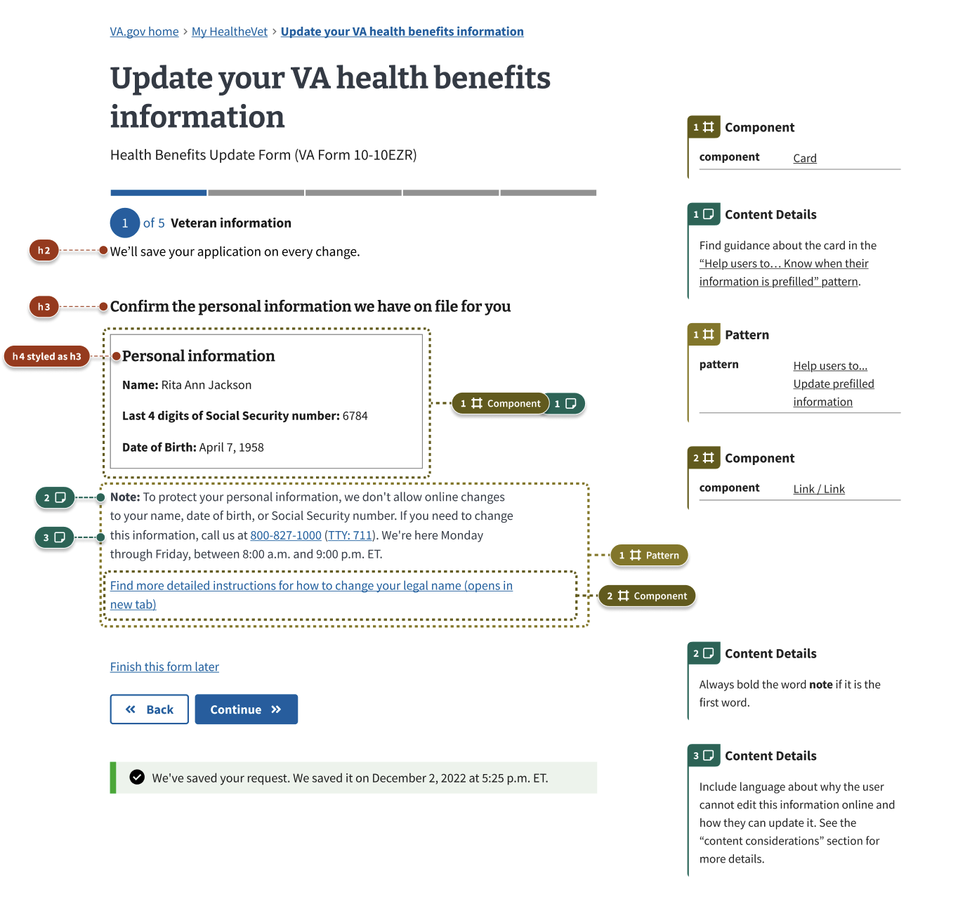 A form page asking users to confirm their personal information, such as legal name, date of birth, and Social Security number. That information is contained in a white card. Below the white card is a string of text explaining why users can't update that information online.